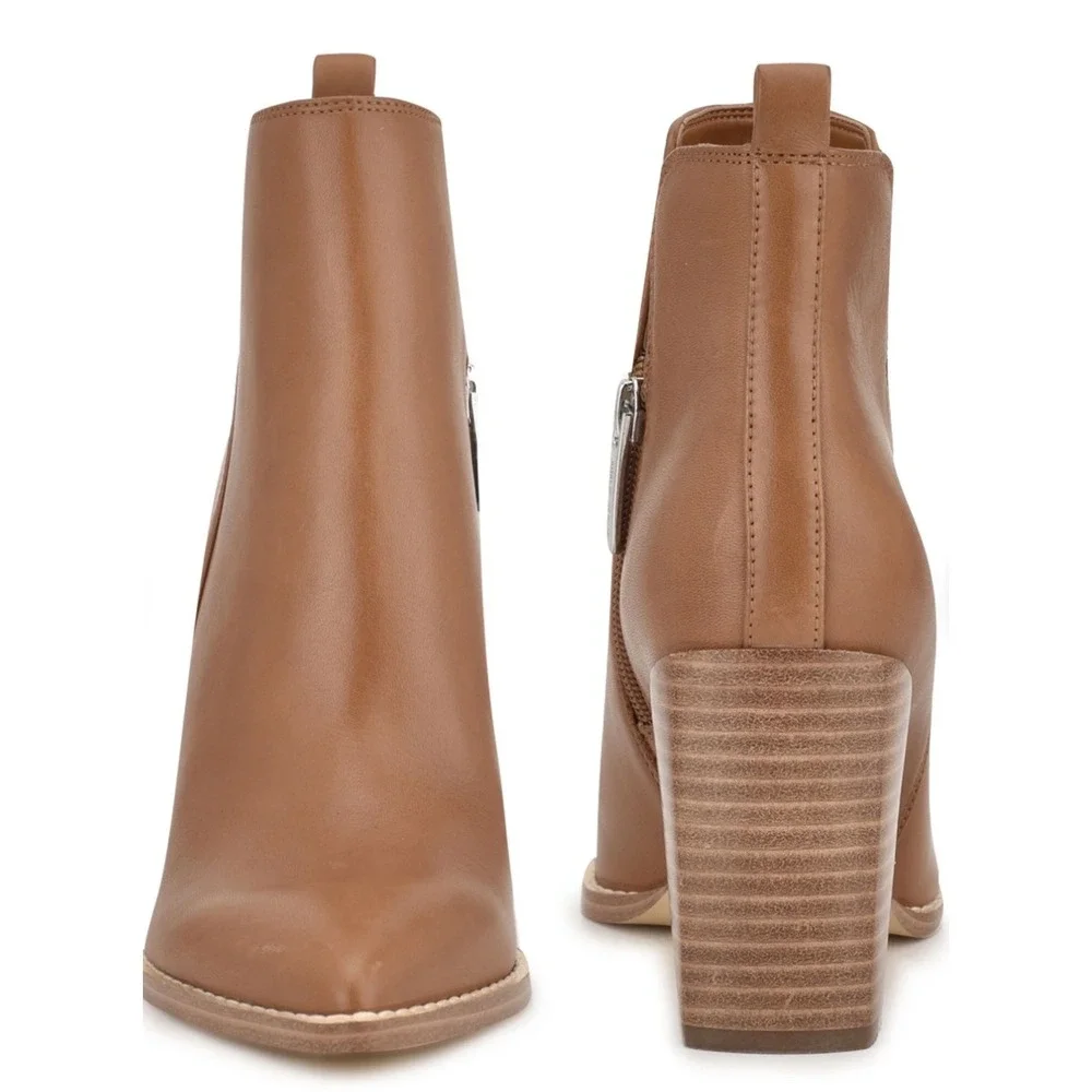 Nine West sz 7.5 Coffee Brown Zip Up Pointed Toe Chunky Heel Boot Chic Fall Edgy - Picture 5 of 15